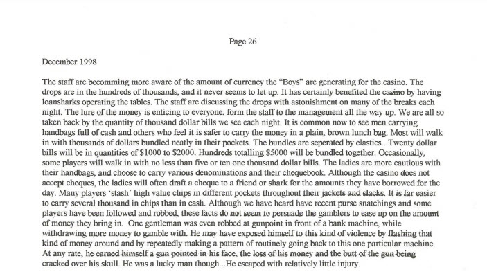 A copy of a casino whistleblower’s journal describes fears surrounding high-rollers carrying massive amounts of cash and the perceived threat of robbery.