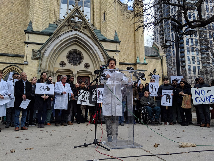 Dr. Najma Ahmed speaking to healthcare professionals at a Toronto rally in favour of gun control on Wednesday.