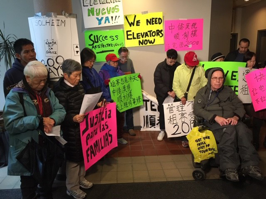 Tenants of 251 Union Street in Vancouver's Chinatown protest their landlords over a broken elevator they say has been out of service for months, and won't be fixed for nearly a year.
