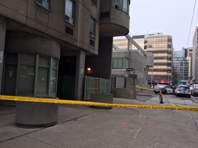 Emergency crews responded to this Toronto Community Housing building near Dundas Street and University Avenue after a man fell down an elevator shaft.