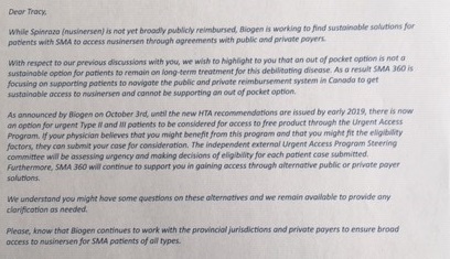 An email from a Biogen spokesperson to the Lacey family saying they will no longer be offering them the 50 per cent discount.