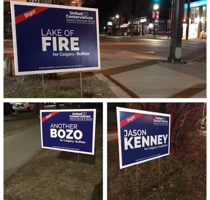 Fake UCP campaign signs in the Calgary-Buffalo and Calgary-Lougheed ridings that have since been taken down.
