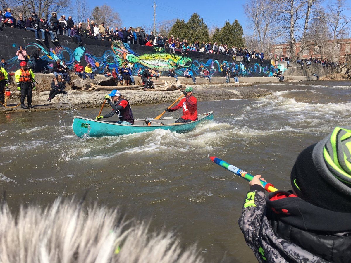 Competitors float down the Ganaraska River during the annual Float Your Fanny Down the Ganny in Port Hope in March 2019.