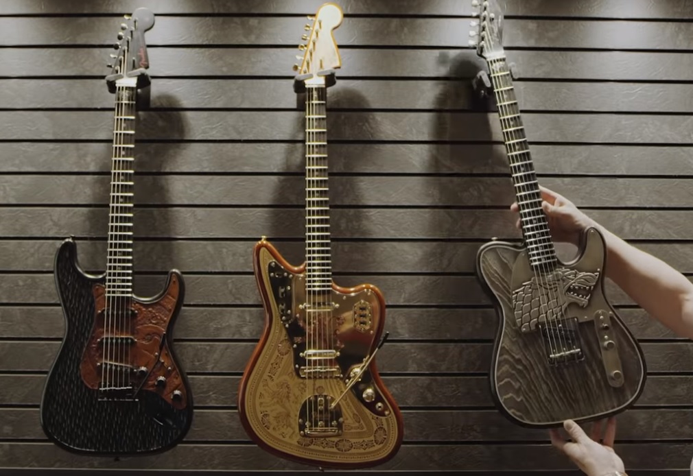 Still of Fender’s 2019 line of ‘Game of Thrones’ inspired guitars. (L-R) House Targaryen Stratocaster, House Lannister Jaguar and House Stark Telecaster.