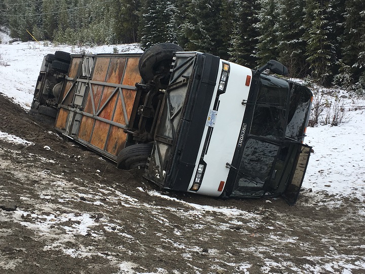 A bus carrying 22 people flipped on its side on Big White Road near Kelowna on Saturday morning. Police say six people were reportedly transported to hospital with minor injuries. The incident blocked traffic, though the road has since been re-opened in both directions.