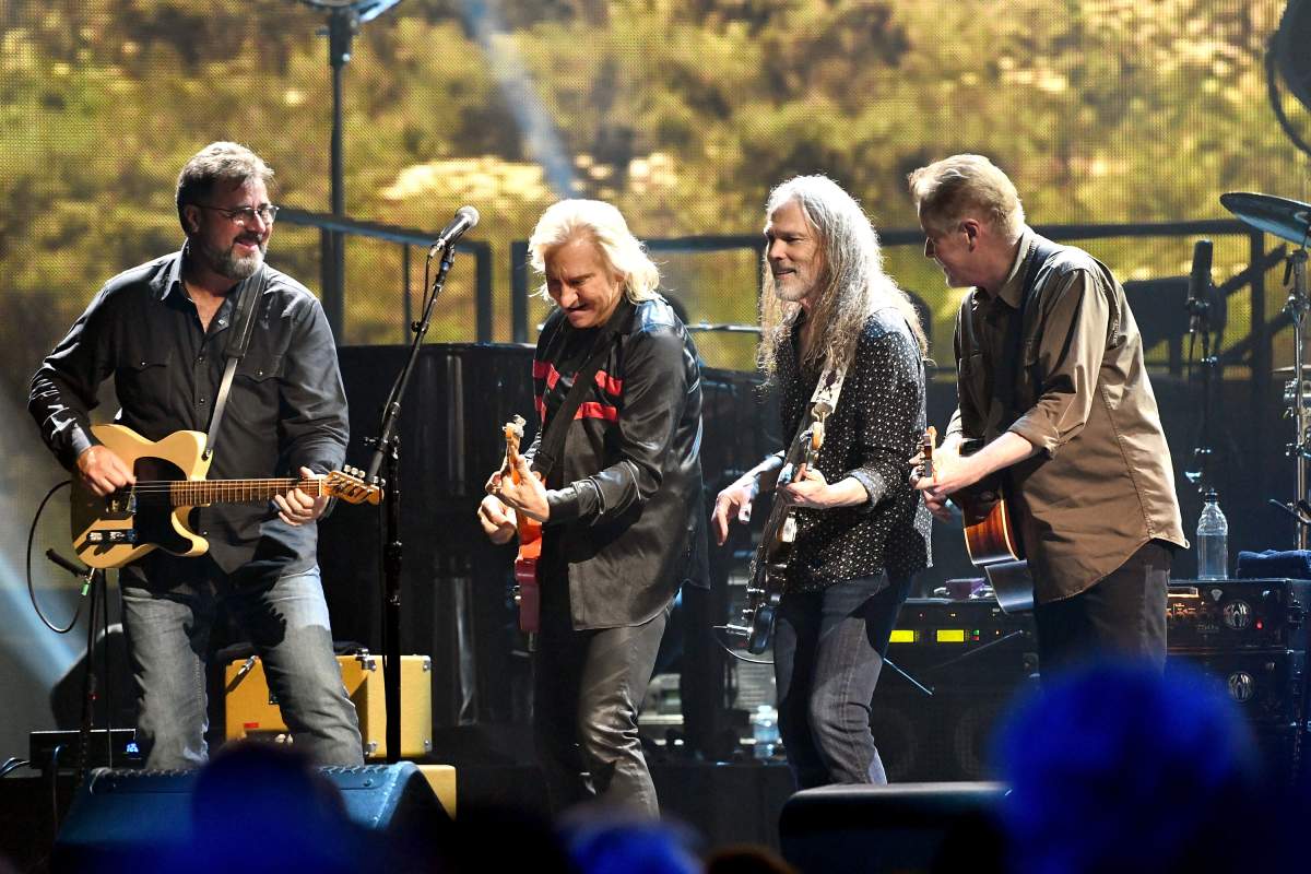 (L-R) Vince Gill, Joe Walsh, Timothy B. Schmit and Don Henley of the Eagles perform onstage during 'An Evening with The Eagles' at The Forum on Sept. 14, 2018 in Inglewood, Calif.