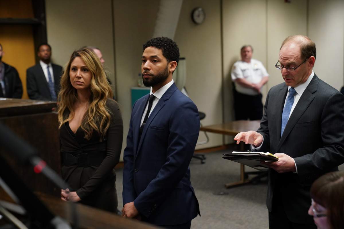 Jussie Smollett appears at a hearing for judge assignment with his attorney Tina Glandian (L) at Leighton Criminal Court Building on March 14, 2019 in Chicago, Ill. (E. Jason Wambsgans-Pool/Getty Images)