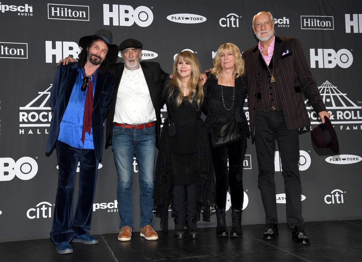 (L-R) Mike Campbell, John McVie, inductee Stevie Nicks, Christine McVie and Mick Fleetwood of Fleetwood Mac pose in the press room during the 2019 Rock & Roll Hall Of Fame Induction Ceremony at Barclays Center on March 29, 2019, in New York City.