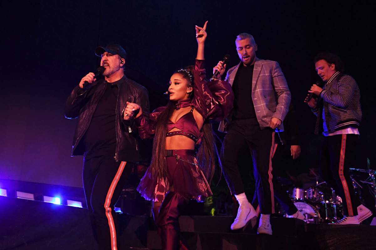 (L-R) Joey Fatone, Ariana Grande, Lance Bass, and JC Chasez perform on Coachella Stage during the 2019 Coachella Valley Music And Arts Festival on April 14, 2019 in Indio, Calif.
