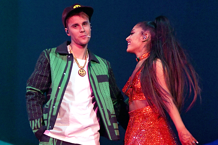 (L-R) Justin Bieber performs with Ariana Grande during the 2019 Coachella Valley Music And Arts Festival on April 21, 2019, in Indio, Calif.