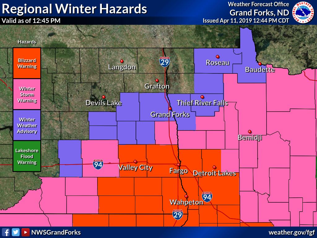 This weather map shows the extent of blizzard conditions and winter storm warnings in place for Fargo/Grand Forks.