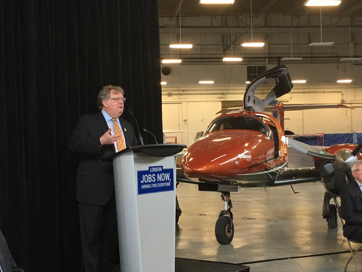 Mayor Ed Holder at Diamond Aircraft Industries on April 12, 2019.