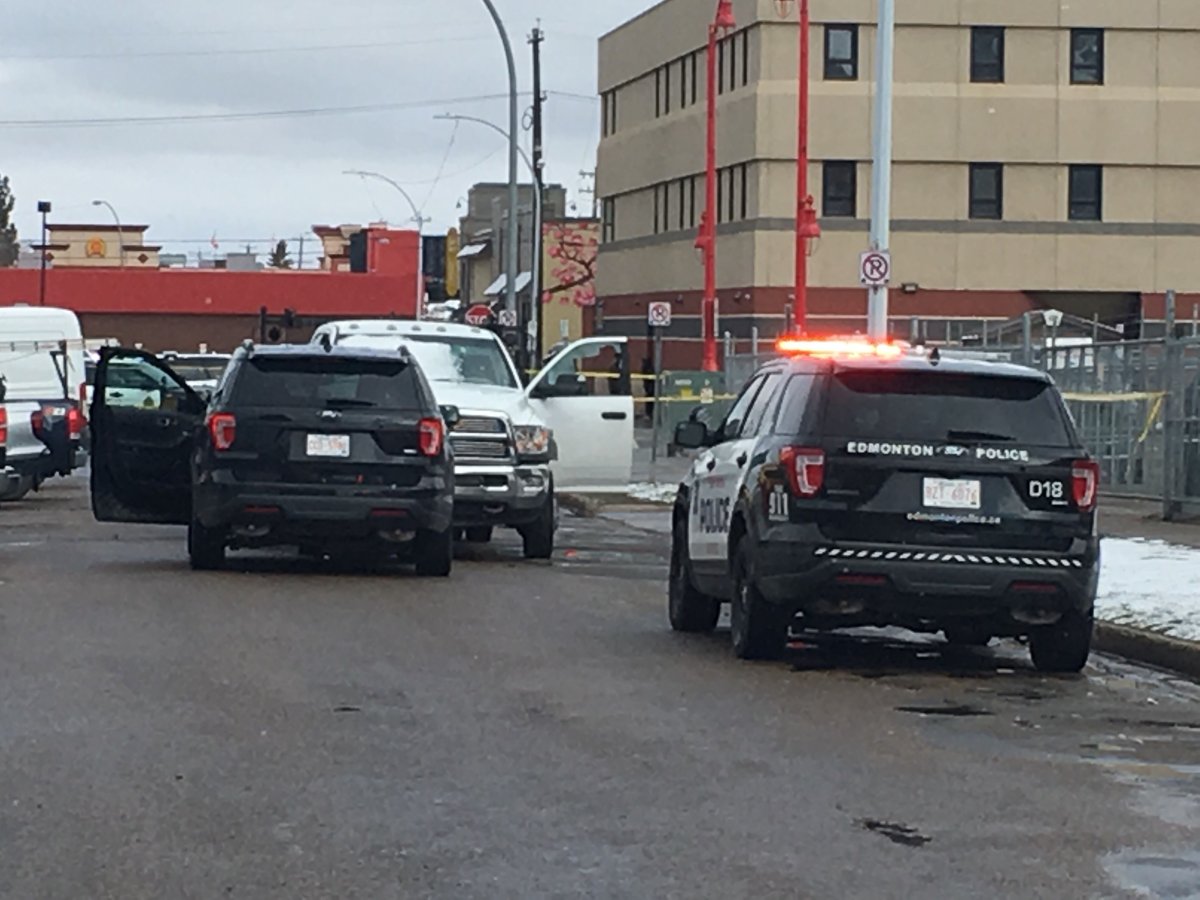 The scene of a police shooting near 100 Street and 105 Avenue in downtown Edmonton. April 30, 2019. 