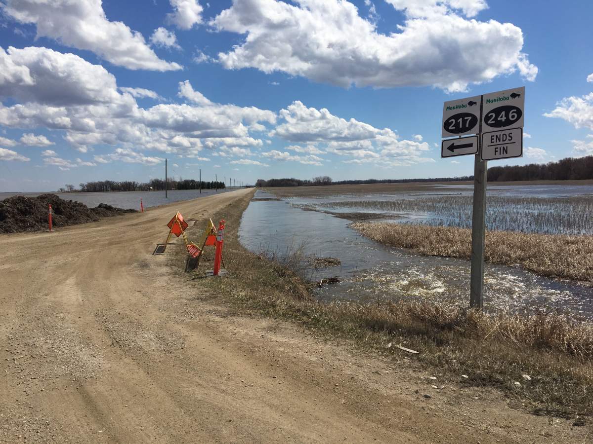 This road was closed due to rising floodwaters covering portions of it in the RM of Montcalm in southern Manitoba on April 22, 2019.