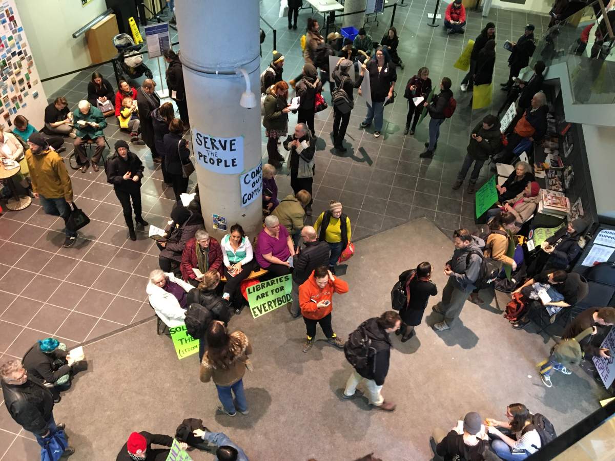 An overview of Millennium Library protesters.
