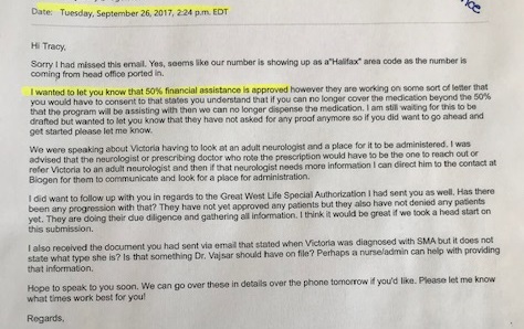 An email to the Lacey family from Biogen approving them for the 50 per cent discount.