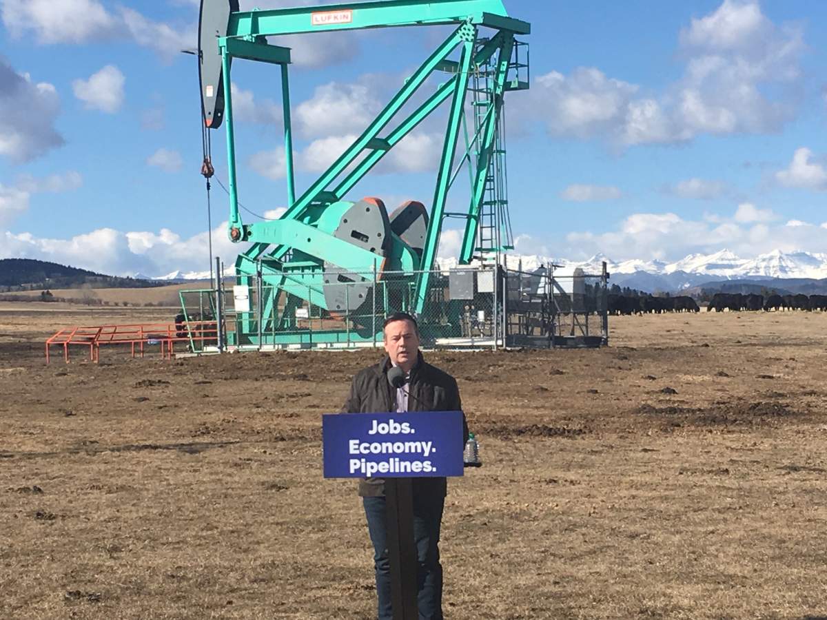 United Conservative Party leader Jason Kenney talks about oil and gas jobs in Turner Valley, Alta. on April 2, 2019.