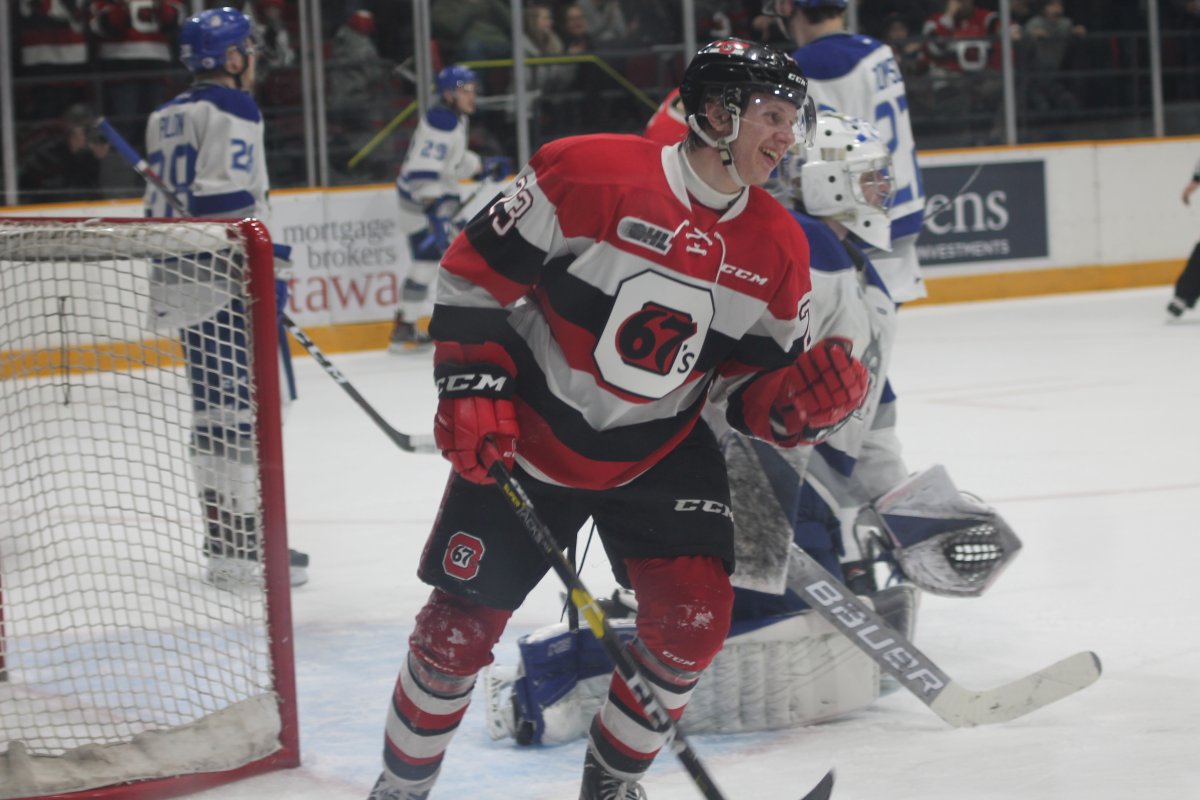Ottawa 67s centre Marco Rossi celebrates after the 67s scored one of their eight goals during game one of the OHL Eastern Conference semifinal against the Sudbury Wolves on April 5, 2019.