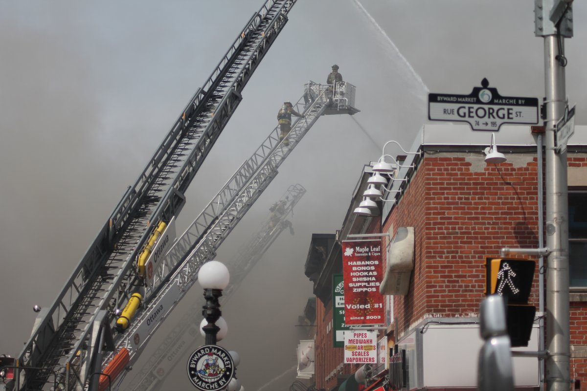 Ottawa firefighters attempt to extinguish a blaze that tore through the Vittoria Trattoria restaurant in the Byward market on Friday afternoon.