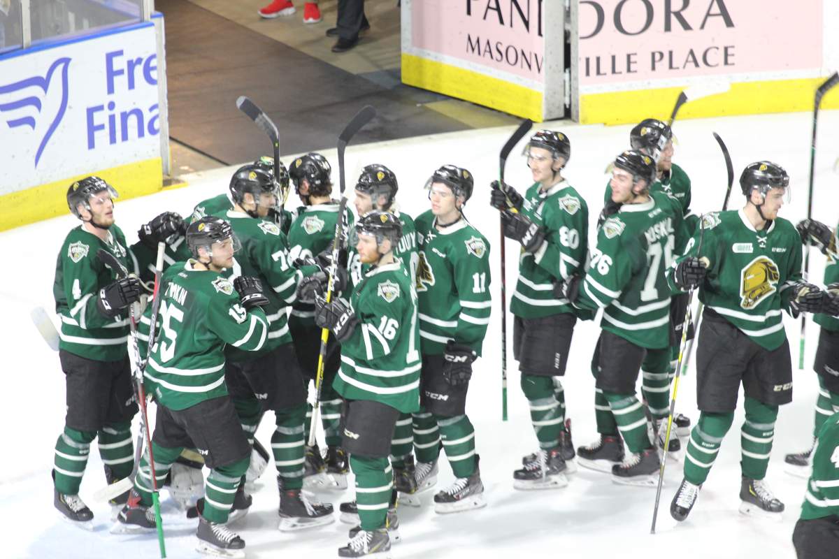 London, Ont. - The London Knights celebrate a 7-0 sin over the Guelph Storm in Game 2 of their OHL Western Conference semi-final series on April 7, 2019.