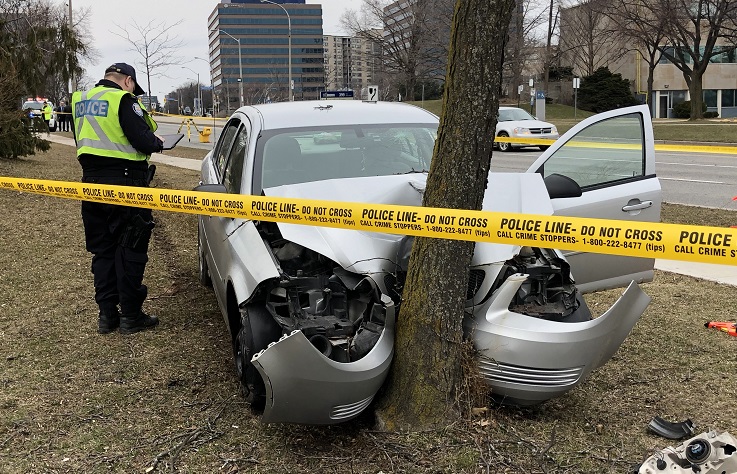 Toronto police say driver has been upgraded to critical condition after crashing into tree in Etobicoke. 