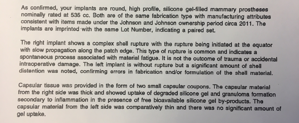A portion of the report Nikki Carruthers received outlining the problems with her removed implants.