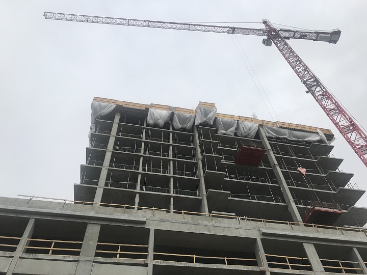 A view of a tower under construction in downtown Kelowna in 2019.