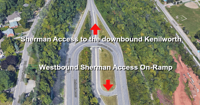 Crews have began work on the access ramp connecting the downbound Kenilworth Access to the Sherman Access. The roadways will be closed off and on over the next two weeks.