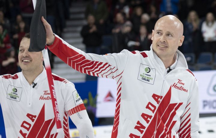 Canada skip Kevin Koe celebrates his team's victory over Switzerland after their semi-final game at the men's world curling championship in Lethbridge, Alta. on Saturday, April 6, 2019. 