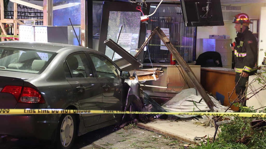 Emergency crews were called to the 13200 block of King George Blvd Tuesday evening due to a car running into a building.