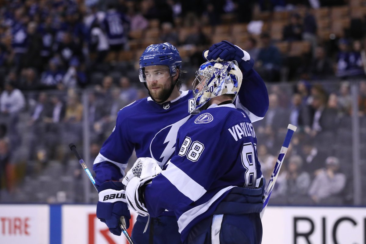 Tampa Bay Lightning defenceman Victor Hedman (77) celebrates with goaltender Andrei Vasilevskiy (88) after their 6-2 victory over the Toronto Maple Leafs in NHL hockey action in Toronto on Monday, March 11, 2019. 