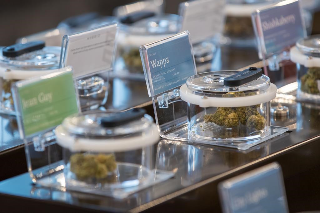 Different kinds of cannabis on display are seen during a media tour of SpritLeaf's store in Kingston, Ont., Sunday, March 31, 2019.