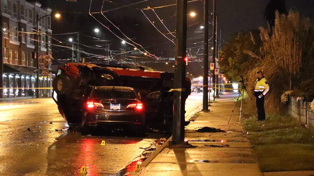 The driver of a southbound Acura was taken to hospital after their car collided with the back of parked SUV.