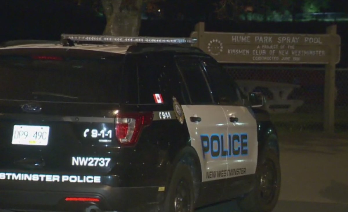 Police on scene of a fatal shooting in New Westminster's Hume Park on Saturday. 