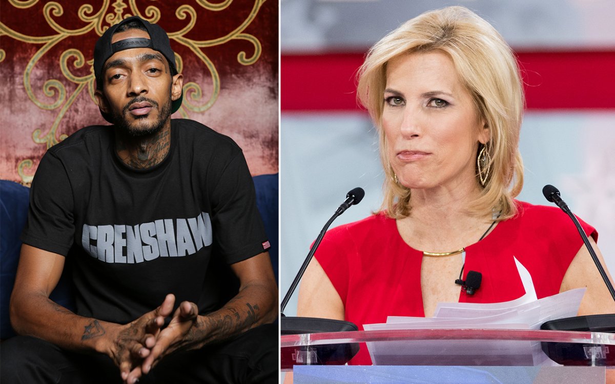 (L-R): The late Nipsey Hussle and Fox News' Laura Ingraham.
