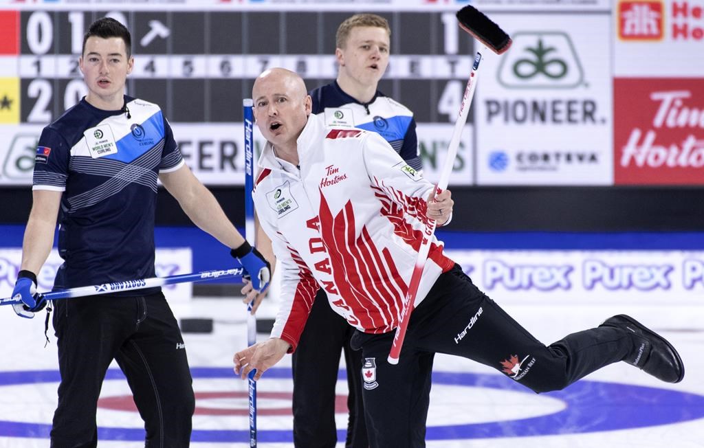 Canada skip Kevin Koe reacts to his shot at the 2019 World Men’s Curling Championship.