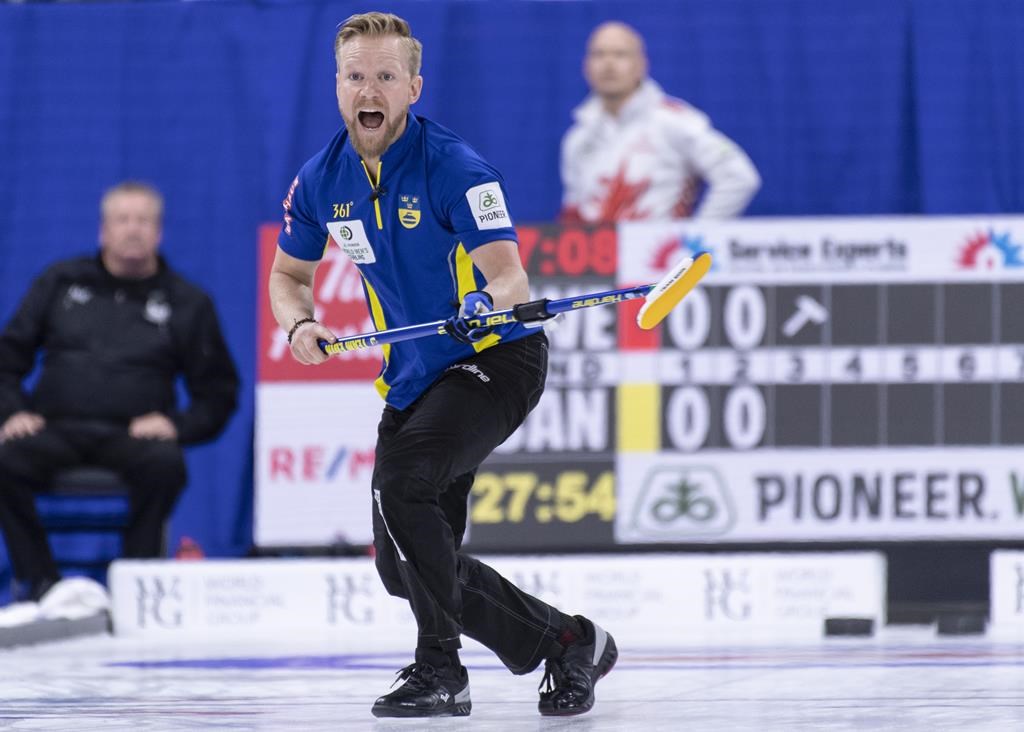 Sweden skip Niklas Edin reacts to his shot during the gold medal game against Canada at the Men's World Curling Championship in Lethbridge, Alta. on Sunday, April 7, 2019. THE CANADIAN PRESS/Paul Chiasson.