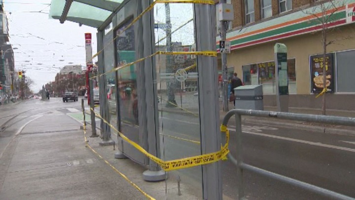 A TTC shelter on College Street and Spadina Avenue where a man was struck Sunday morning.