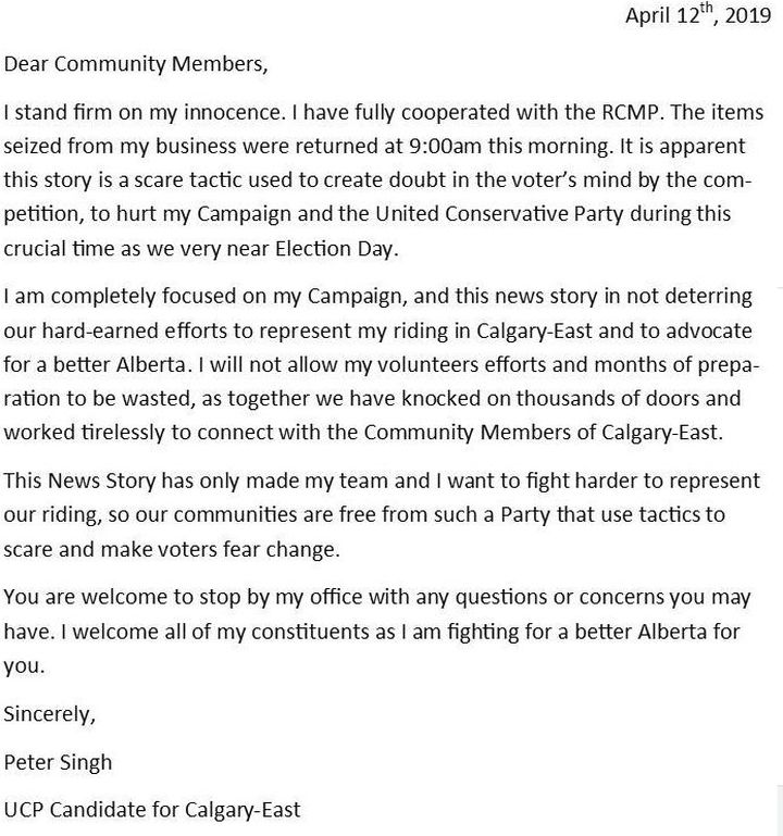 A statement posted to Facebook on Friday night by Peter Singh, the UCP candidate for Calgary-East in Alberta’s 2019 election.