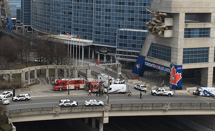 Toronto police on scene investigating a suspicious package at the Rogers Centre on Saturday.