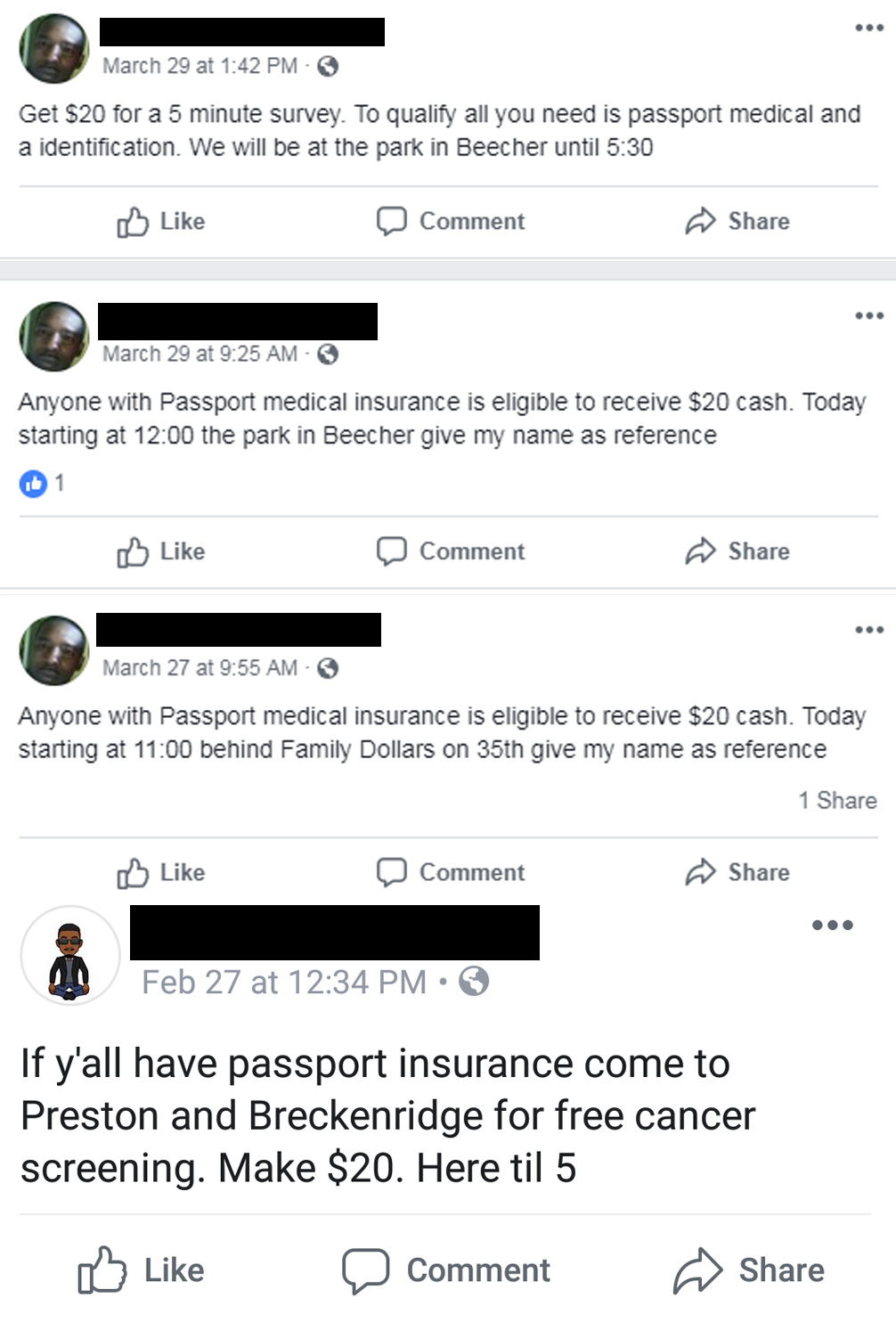 These screenshots from Facebook show individuals offering $20 to take a medical test in Louisville, Ky.