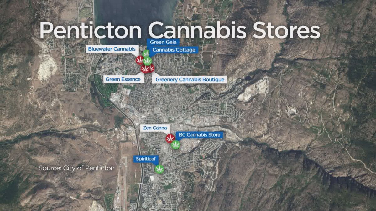 The green icons show the city-endorsed locations of non-medical retail cannabis stores in Penticton, B.C. while the red icons show the applications recommended for rejection. 
