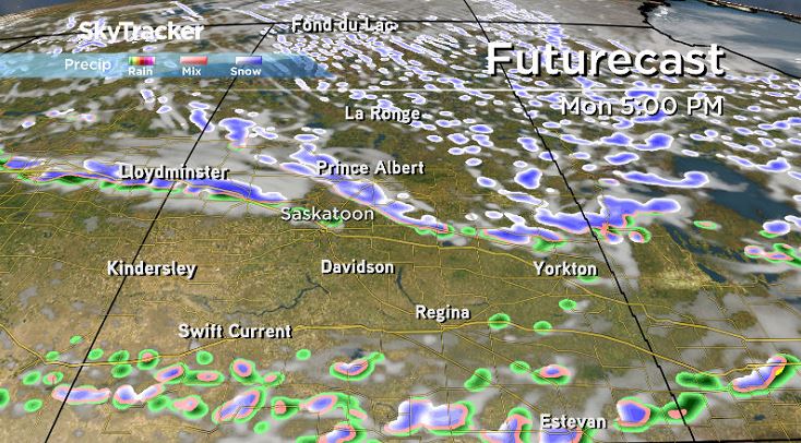 Scattered system slides into Saskatchewan with a mixed bag of precipitation.