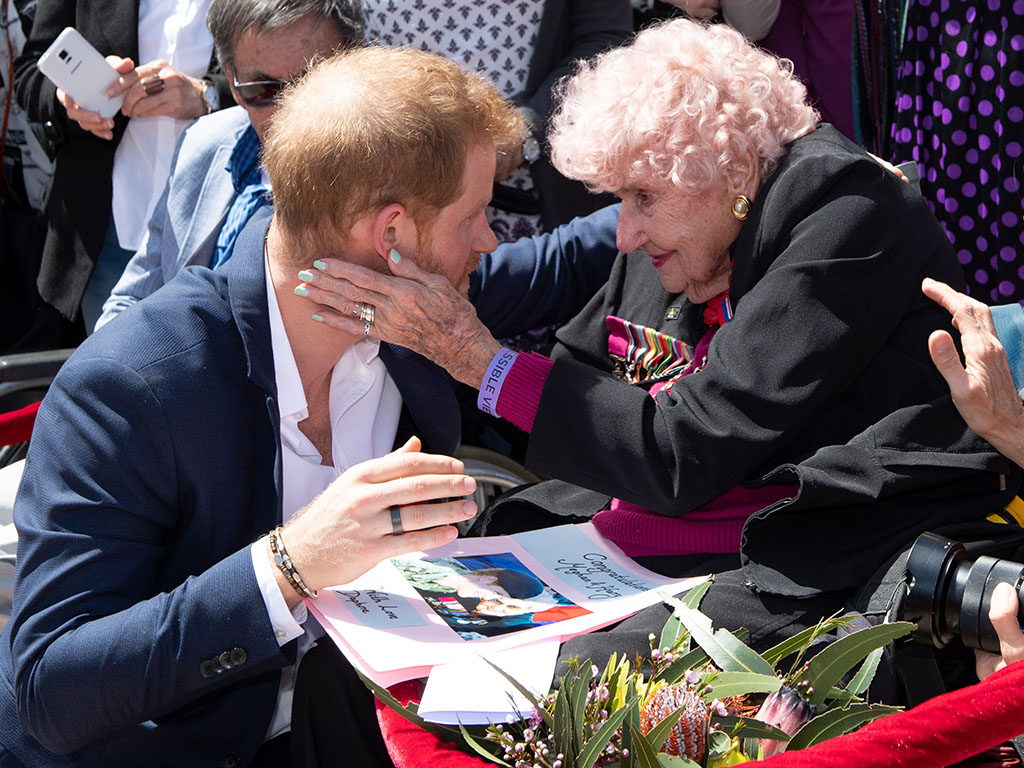 Prince Harry with Daphne Dunne during a meet and greet at the Sydney Opera House on Oct. 16, 2018 in Sydney, Australia.