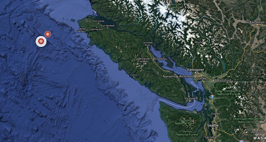 No tsunamis were expected from a pair of earthquakes off the coast of Vancouver Island on Monday.
