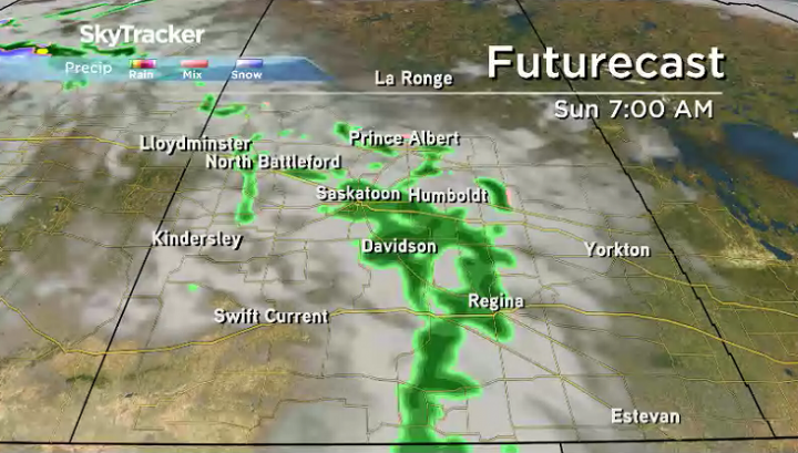 Rain rolls into Saskatoon and Regina Sunday morning.