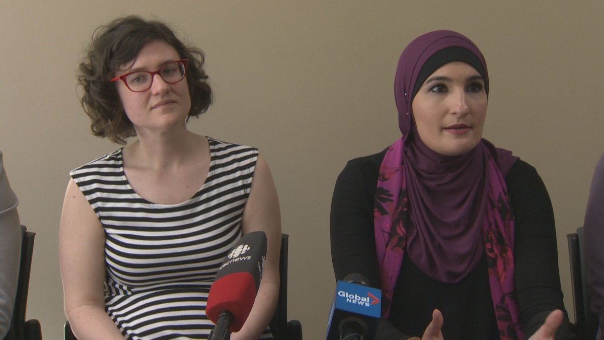 Activist Linda Sarsour, right, responded to Winnipeg mayor Brian Bowman before making taking part in a panel discussion Friday night.