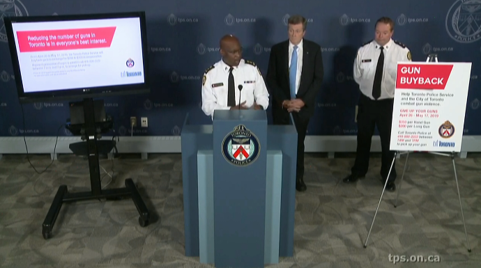 Toronto Police Chief Mark Saunders and Mayor John Tory launched the three-week program at Police Headquarters on April 26, 2019.