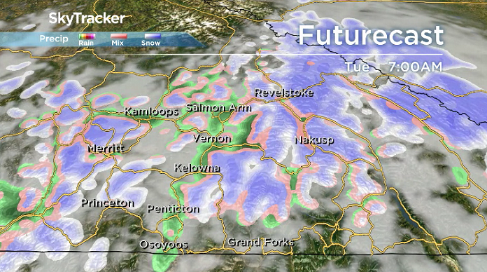 Showers are expected Tuesday morning in much of the Okanagan.