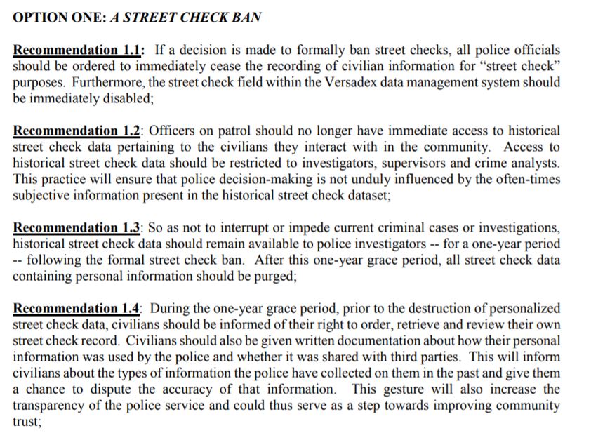 A page from the lengthy Street Checks Report outlining recommendations for a street check ban.